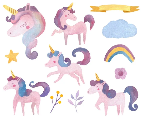 Watercolor animals set with unicorn and rainbow.