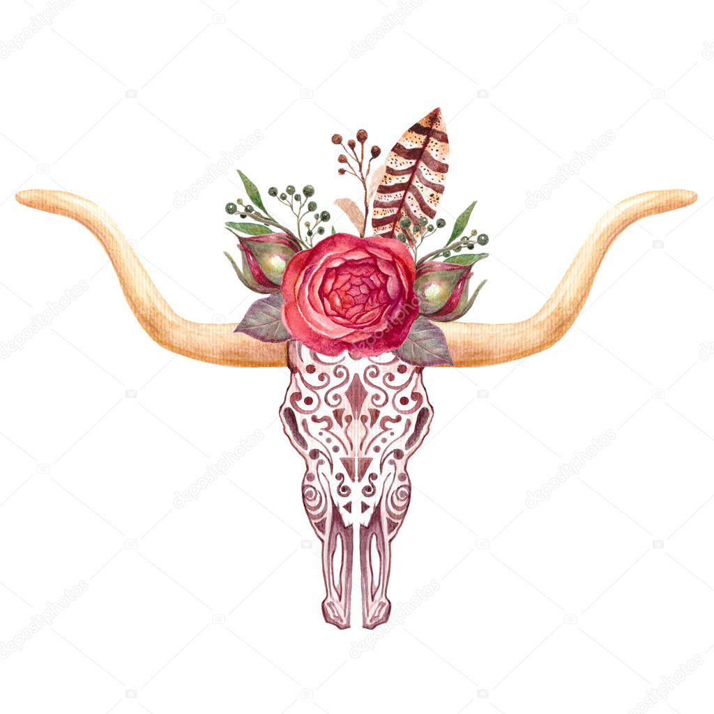 Boho illustration, animal skull with flowers, cow, bull.