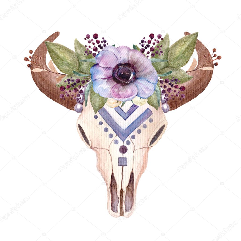 Boho illustration, animal skull with flowers, cow, bull.