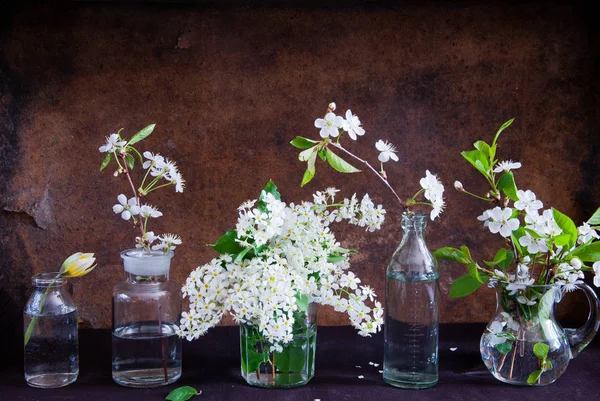 Весняні Квіти Скляних Пляшках Старовинному Темному Дерев Яному Фоні — стокове фото