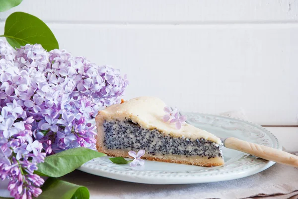 Slice Poppy Seed Cake Lilac Flowers White Wooden Background — Stock Photo, Image