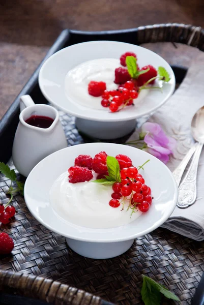 Griechischer Joghurt mit frischen Beeren zum Frühstück — Stockfoto