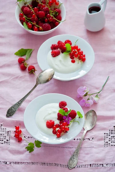 Griechischer Joghurt mit frischen roten Beeren zum Frühstück — Stockfoto