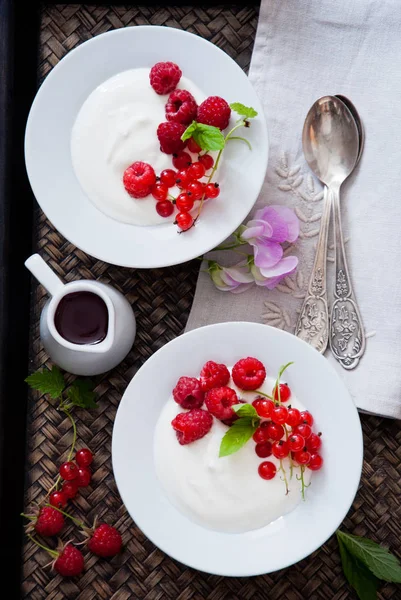 Грецький йогурт з свіжою червоною смородиною та малиною — стокове фото