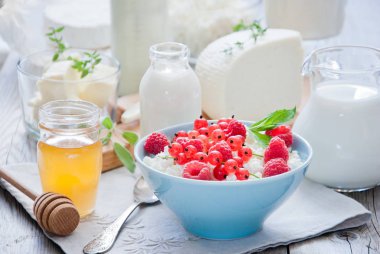 Açık gri ahşap arka planda doğal süt ürünleri