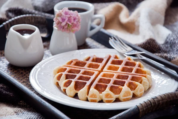 Belgian Waffles and coffee for breakfast in bed Royalty Free Stock Photos