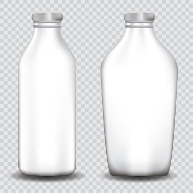 Saydam arka planda yalıtılmış beyaz şişe seti.