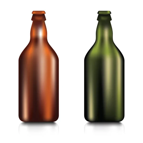 白い背景に現実的な緑と茶色の空白のガラスビール瓶のセット — ストックベクタ