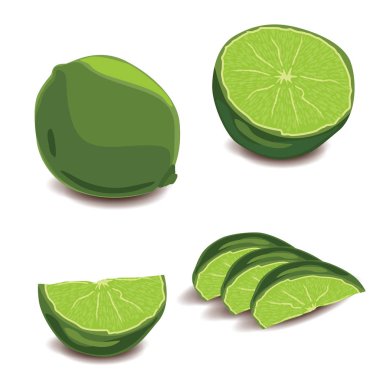 Taze limon. Beyaz arka planda taze kireç ve taze kireç dilimleri seti.