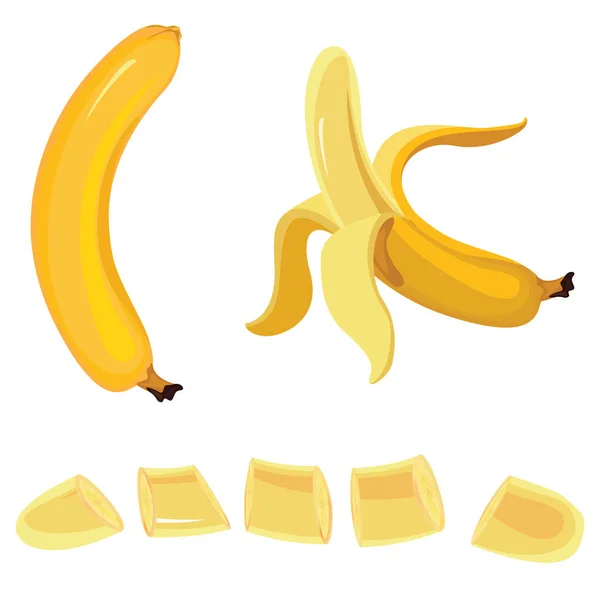 Ensemble Bananes Jaunes Tranches Bananes Isolées Sur Fond Blanc — Image vectorielle