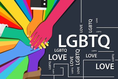 Gökkuşağı renkli arka planda kelime lgbtq ile el.