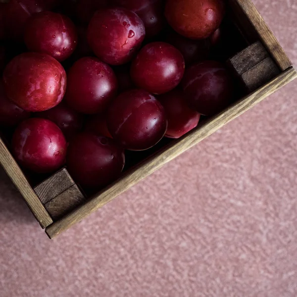 Wooden Box Plums — Stock Photo, Image