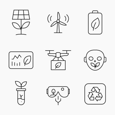 Yenilenebilir enerjiyi, çevre dostu çözümleri ve sürdürülebilir teknoloji kavramlarını, vektör illüstrasyonunu temsil eden basit taslak simgelerinin toplanması
