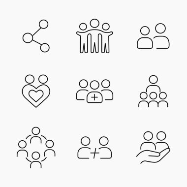Bağlantıyı, dostluğu, takım çalışmasını, desteği ve toplum kavramlarını temiz modern tarzda, vektör illüstrasyonunda temsil eden asgari taslak simgeler kümesi