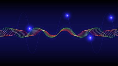 Kırmızı, yeşil ve mavi renklerde soyut dijital ses dalgası spektrumu koyu arkaplan, vektör illüstrasyonu