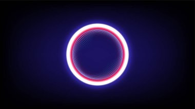 İç titreşim deseni koyu arkaplanda kırmızı ve mavi tonlarda olan soyut parlak neon daire, vektör illüstrasyonu