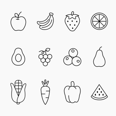 Minimalist black line icons of fruits and vegetables including apple, banana, carrot and more, vector illustration