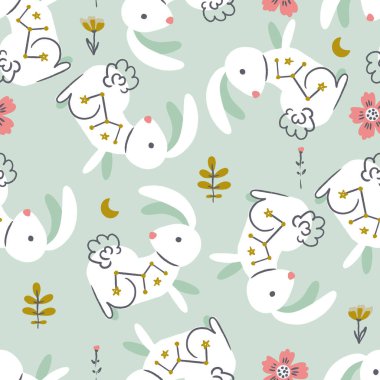 Şirin Kozmik Tavşanlar Vektör Kusursuz Desen