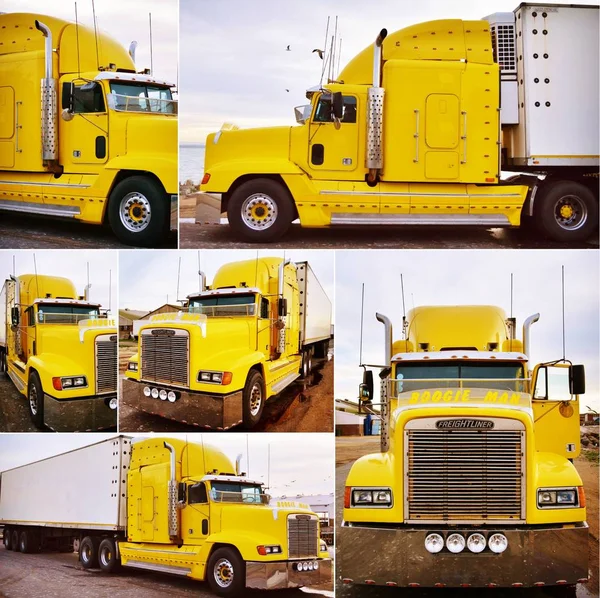 Collage Avec Photos Gros Camion Jaune — Photo