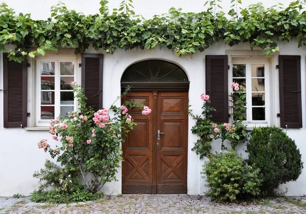 Close Van Voorkant Een Historisch Huis Met Wilde Wijn Rozen — Stockfoto