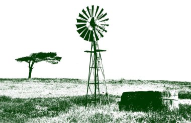 Landscape with windmill water pump on a farm in South Africa clipart
