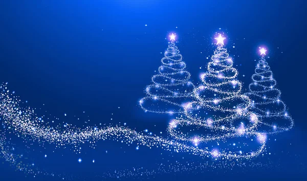 青を基調としたボケ柄のクリスマスツリー3本とライト ストックイラスト — ストック写真
