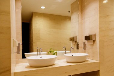 Çift banyolu şık bir iç mekan.