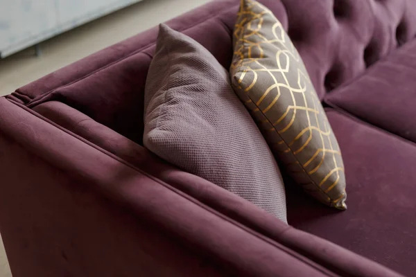 Фиолетовый бархатный диван с золотой подушкой в гостиной — стоковое фото