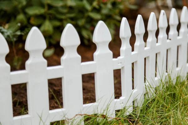 Πλαστικός διακοσμητικός μικρός φράχτης για ένα παρτέρι σε προσωπικό οικόπεδο. — Φωτογραφία Αρχείου