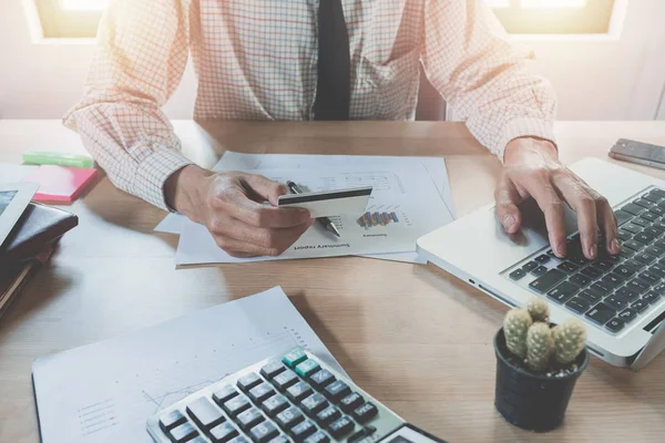 Business Man Hands Holding Credit Card Using Smart Phone Online — Foto de Stock