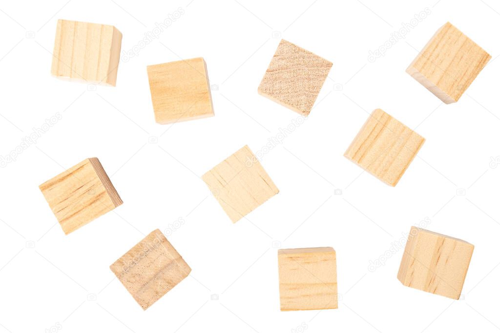Ten wooden cube isolated on white background.