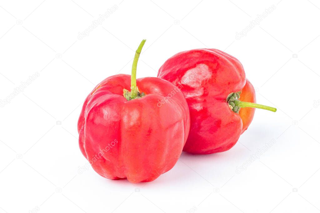 Two Acerola Cherries isolated on white background.