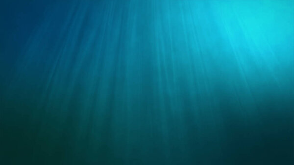 Underwater sun light beams shining from above coming through the deep clear blue water. 3D render