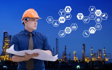 Sabah zaman akıllı sanayi 4.0. Mavi gökyüzü ile sanayi. Mühendis sanayi 4.0 geleceği hakkında düşünüyor. ve Sanayi grafik simge.