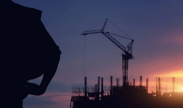 Silhouette Engineer Standing Survey Work Construction Blurred Worker Construction Site — Stock Photo, Image