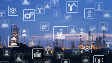 Sabah zaman akıllı sanayi 4.0. Mavi gökyüzü ile sanayi. Endüstriyel simgesi desen.