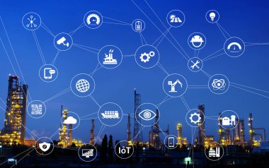 Sabah zaman akıllı sanayi 4.0. Mavi gökyüzü ile sanayi. Endüstriyel simgesi desen.