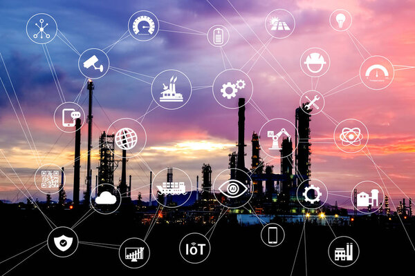 The smart industry 4.0 at morning time. Industry with blue sky. Industrial icon pattern.