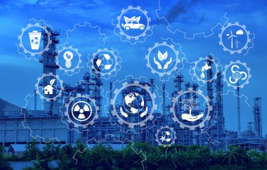 Sabah zaman akıllı sanayi 4.0. Mavi gökyüzü ile sanayi. Enerji sanayi modeli.