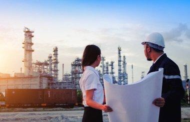 Mühendisler bir düzen büyük sanayi arka plan üzerinde kontrol ediyor. Sanayi arka plan üzerinde inşaat müdürü.