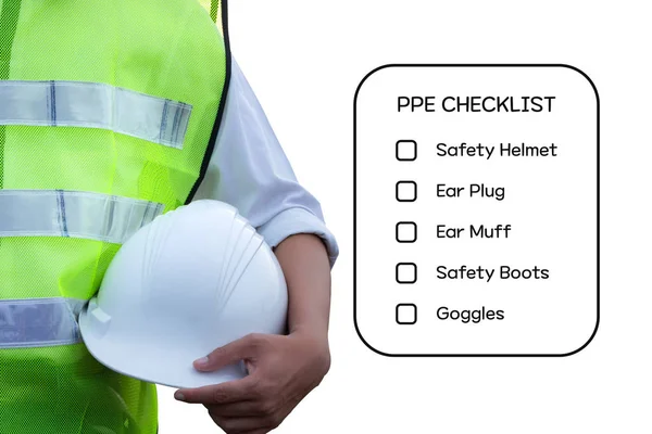Hazard Identification and Risk Assessment concept (Safety work place) - Engineering man or Safety Inspector standing with PPE checklist on tablet.