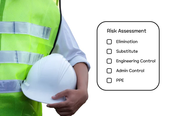 Hazard Identification and Risk Assessment concept (Safety work place) - Engineering man or Safety Inspector standing with risk assessment checklist.