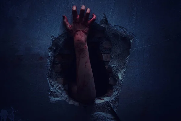 Horror Scene Bloody Hand Evil Coming Dark Hole Halloween Concept — Stock Photo, Image