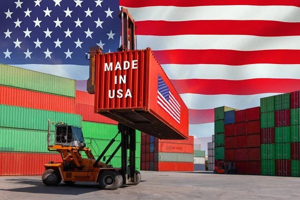 Trade war, Made in USA smart logistic concept. Shipping Cargo business Container import and export company for Logistics and Transportation. Factory move from USA.