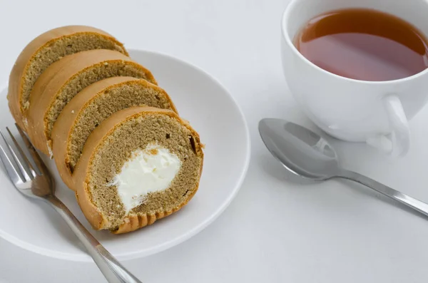 Coffee Cake Roll Cup Tea Tea Breaking Time — Stock Photo, Image