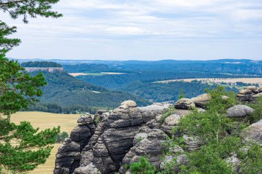 Alışılmadık kaya tepeleri yosun ve bitki örtüsüyle kaplı, güzel vadi ve tepe arazisi