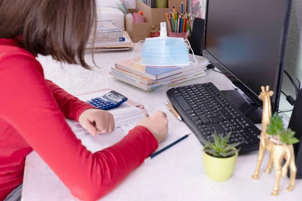 Teenage Girl Solves Math Examples Her Desk Her Room — Stock Photo, Image