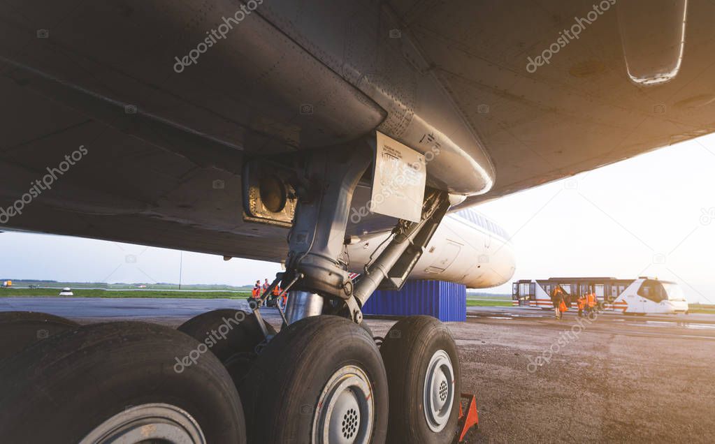 Wheels rubber tire rear landing gear racks, under wing airplane view