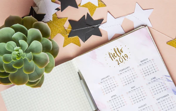 Calendário para 2019 na mesa de escritório em um caderno. Planos e metas para o novo ano. Layout de vista superior em fundo rosa — Fotografia de Stock