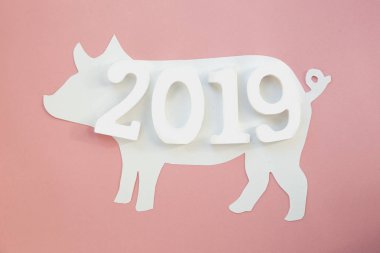 Çince Zodyak işareti yıl, domuz, domuz, mutlu yeni yıl 2019 yıl pembe kağıt kesim.